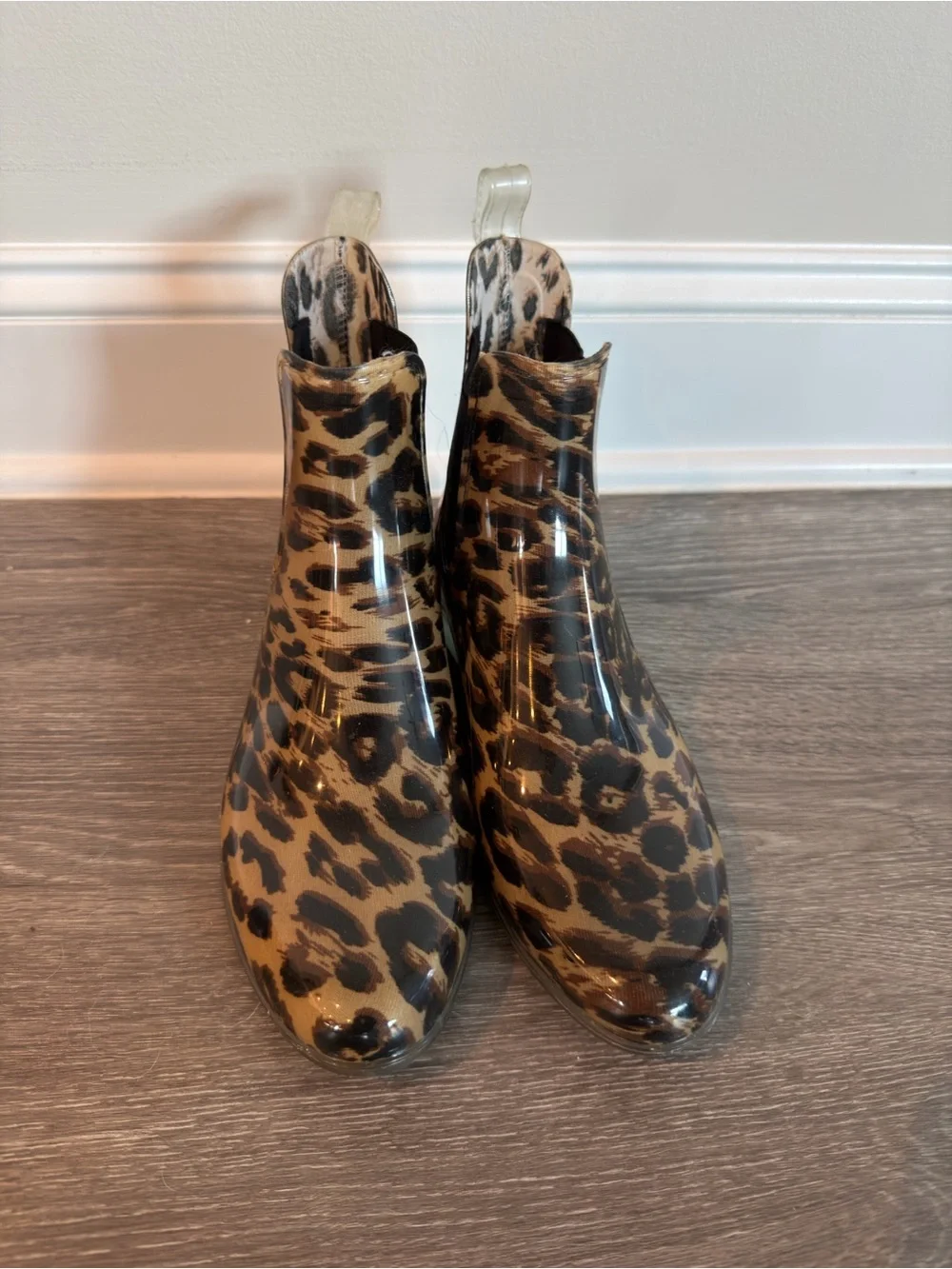 J. Crew Leopard Print Chelsea Rain Booties in Brown and Black